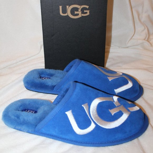 NIB UGG MEN'S SUEDE SHEARLING LOGO SLIP ON‎ SLIPPERS ROYAL BLUE WHITE - Picture 1 of 6